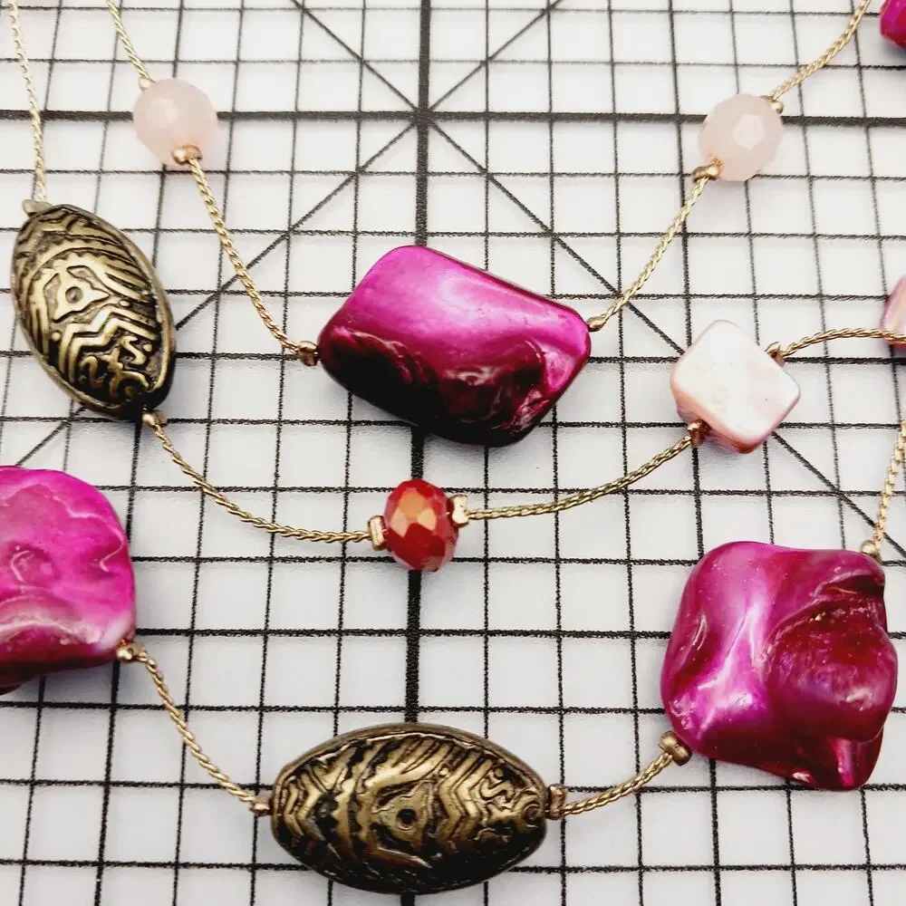 Necklace Multi Strand Pink Shell Bead Gold Tone Statement Resort Y2K Coquette